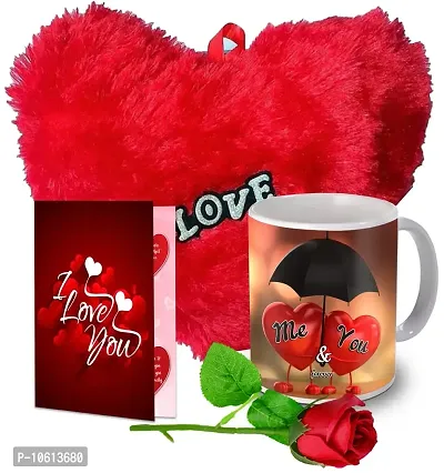 ME & YOU Romantic Gift| Soft Red Heart with Printed Ceramic Coffee Mug, Love Card and Artificial Red Rose for Valentine's Day, Anniversary and All Occasion for Boyfriend, Girlfriend, Husband, Wife