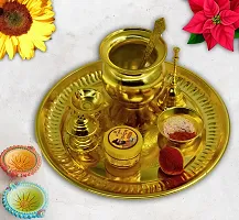 ME  YOU 10 inch Golden Pooja Thali Set with Arti Sangrah, Roli - Indian Festival Puja Thali |Thali Set for Karwa chauth, Durga Puja, Diwali Gift-thumb1