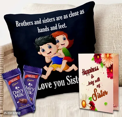 Midiron Chocolate Gift for Sister/Bahen/Sis | Rakhi Gift Hamper for Sister | Return Gift for sister on Raksha Bandhan | Gift for Little Sister with Chocolates, Greeting Card  Printed Cushion with Filler - 12*12 Inch