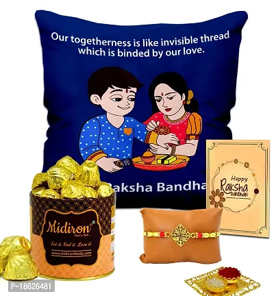 Midiron  Set of Designer Rakhi with Chocloate and Cushion,  Rakshabandhan Greeting Card Combo pack for Bhaiya/Brother/Bhai | Rakhi Gifts ( Pack 4)