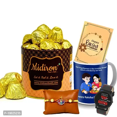 Midiron Set of Designer Rakhi with Chocloate and Coffee Mug, Watch, Rakshabandhan Greeting Card Combo pack for Bhaiya/Brother/Bhai | Rakhi Gifts ( Pack of 5)