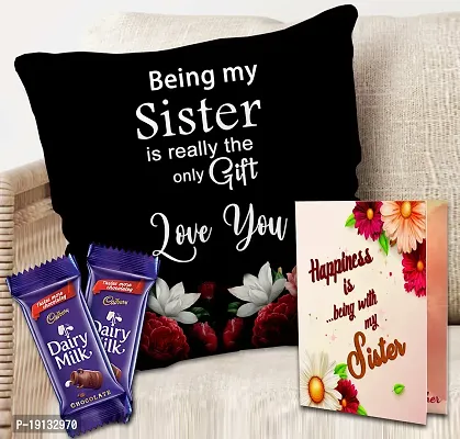 Midiron Tasty  Delicious Chocolates |Rakhi Gift for Sister | Raksha Bandhan Gifts Hamper |Chocolate Pack, Sister Greeting Card  Printed Cushion | Gift for Sister |  Pack of 2