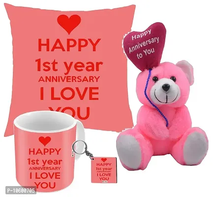 ME&YOU Set, Printed Cushion/Ceramic Mug/MDF Keychain/ Happy Anniversary Quoted Teddy, for Father/ Mother/Brother/Sister/Friends