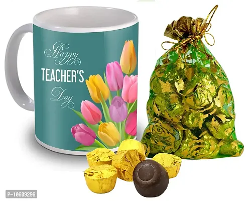 Midiron Sweet Gift Pack for Teacher with 15 Gold Chocolate and Ceramic Coffee (Mug 325 Ml), Happy Teachers Day