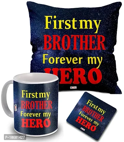 ME & YOU Gifts for Brother, Printed Cushion, Ceramic Mug with MDF Coaster Gift for Birthday/Rakhi/Raksha Bandhan/Anniversary/Bhaidooj