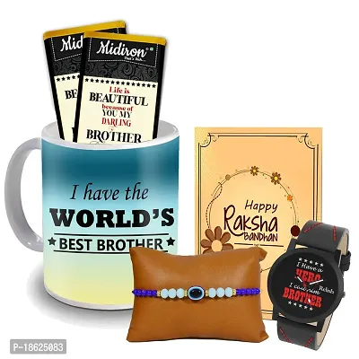Midiron Set of Designer Rakhi with Chocloate and Coffee Mug, Watch , Rakshabandhan Greeting Card Combo pack for Bhaiya/Brother/Bhai | Rakhi Gifts ( Pack of 5)