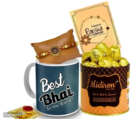 Midiron Rakshabandhan Surprise Chocolates Gift Set for Brother / Bhaiya / Bhai | Chocolates, Coffee Mug, Rakhi with Roli and Greeting Card Gift Set-IZ2266-23