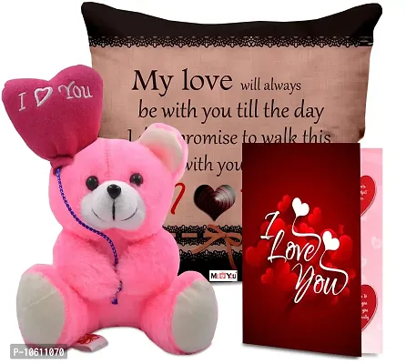 ME & YOU Beautiful Love Quoted Printed Cushion (16*16 Inch) & Teddy with Greeting Card for Valentine Gifts (Multicolor)