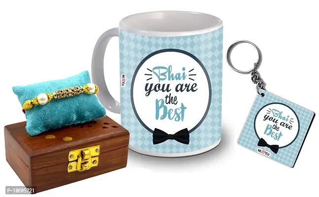ME & YOU Raksha Bandhan Gift for Brother, Printed Ceramic Mug and MDF Keychain, Rakhi Set ( Multicolor)