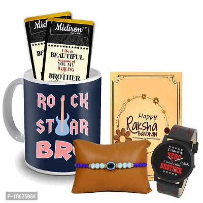 Midiron Gift for Bhai for Rakhi | Designer Rakhi with Chocolate, Watch, Coffee Mug (Filling Capacity 325 Ml) and Wishing Card for Brother/Bhaiya/Bhai ( Pack of 5)