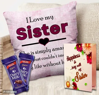 Midiron Chocolate Gift for Sister/Bahen/Sis | Rakhi Gift Hamper for Sister | Return Gift for sister on Raksha Bandhan | Gift for Little Sister with Chocolates  Printed Cushion with Filler ( Pack of 3)-thumb0