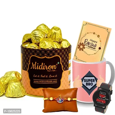 Midiron Gift for Bhai for Rakhi | Designer Rakhi with Chocolate , Coffee Mug (325 ML) and Wishing Card for Brother/Bhaiya/Bhai ( Pack of 5)