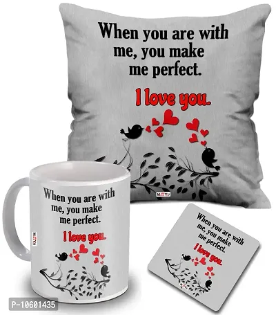 ME & YOU Love Quoted Printed Cushion, Ceramic Mug with MDF Coaster Gifts for Wife/Husband/Girlfriend/Boyfriend/Fiance on her Birthday/Anniversary/Valentine's Day