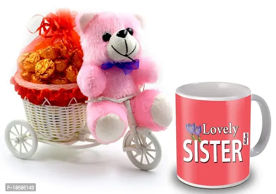 Midiron Sweet Gift for Sister with Chocolate and Ceramic Quoted Coffee Mug, Teddy ( Multicolor)