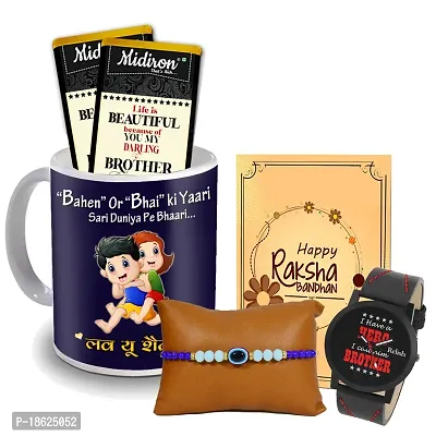 Midiron Fancy Rakhi Gift Hamper for brother | Chocolate box for Raksha Bandhan for Brother | Rakhi Gift for Bhai with 325Ml Coffee Mug, Chocolates, Watch, Rakhi and Greeting Card