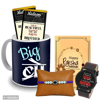 Midiron Rakhi for Bhai/Bhaiya/Brother | Unique Set of Designer Rakhi with Chocloate, Watch and Coffee Mug, Rakshabandhan Greeting Card Combo pack