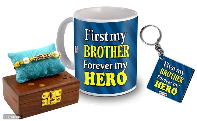 ME & YOU Raksha Bandhan Gift for Brother, Printed Ceramic Mug and MDF Keychain, Rakhi Set ( Multicolor)