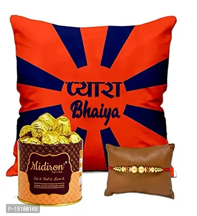 Midiron Rakhi Gift Set |Rakhi Gift for Brother| Rakhi with Chocolate Gift Pack for Brother| Printed Cushion| Chocolate Gift for Brother| Chocolate Gift Box IZ21Rakhi82Choco15TinCU16-DTBrother-533