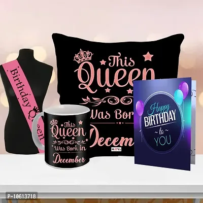 ME & YOU Birthday Gifts| This Birthday Queen was Born on December Printed Cushion with Mug | Greeting Card and Birthday Queen Sash |Birthday Gift for Wife, Girls, Sister, Daughter ( Pack 4)-thumb0