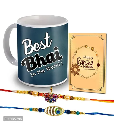 Avirons Fancy Rakhi Pack 2 with 325ML Printed Ceramic Coffee Mug Gift for Brother | Rakhi Gift Box for Raksha Bandhan for Brother | Rakhi Gift for Bhai (Rakhi Hamper)