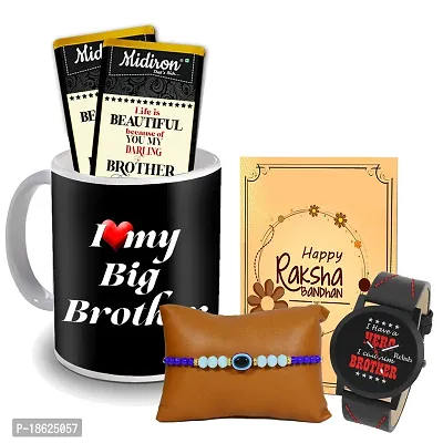 Midiron Rakhi chocolate Gift hamper for Brother/Bhaiya/Bhai | Designer Rakhi with Chocolate, Coffee Mug, Wishing Card and Watch ( Pack 5)