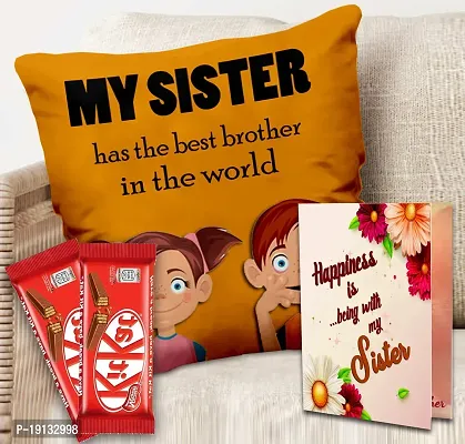 Midiron Chocolate Gift for Sister/Bahen/Sis | Rakhi Gift Hamper for Sister | Return Gift for sister on Raksha Bandhan | Gift for Little Sister with Chocolates, Greeting Card  Printed Cushion with Filler - 12*12 Inch