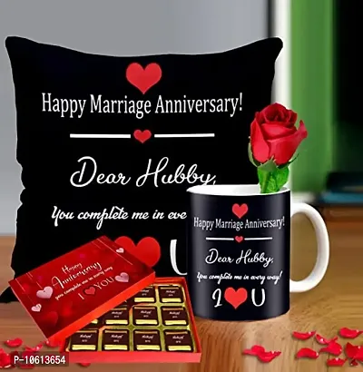 Midiron romantic gift for hubby on anniversary special | anniversary gift for hubby special combo | anniversary gift for hubby pillow ( chocolate, cushion, mug, cushion size 16*16 )IZ21-56