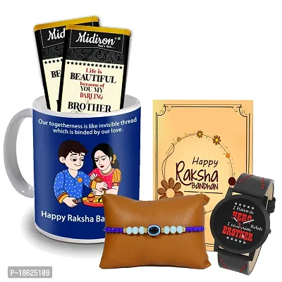 Midiron Set of Designer Rakhi with Chocloate and Coffee Mug, Watch, Rakshabandhan Greeting Card Combo pack for Bhaiya/Brother/Bhai | Rakhi Gifts ( Pack of 5)