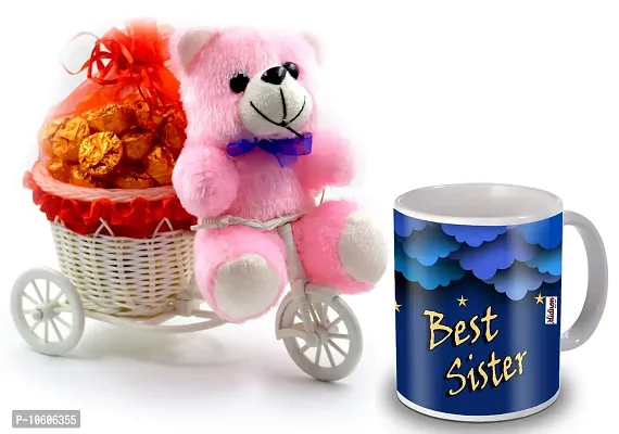 Midiron Sweet Gift for Sister with Chocolate and Ceramic Quoted Coffee Mug, Teddy ( Multicolor)