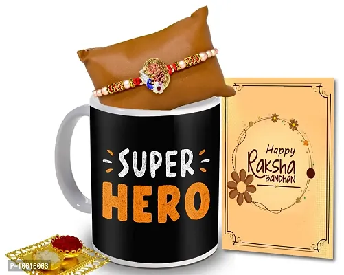 ME & YOU Rakhi Gift for Brother, Designer Rakhi with Coffee Mug, Roli Tikka and Rakhi Greeting Card Combo set for brother ( Pack 4)-IZ2257-36