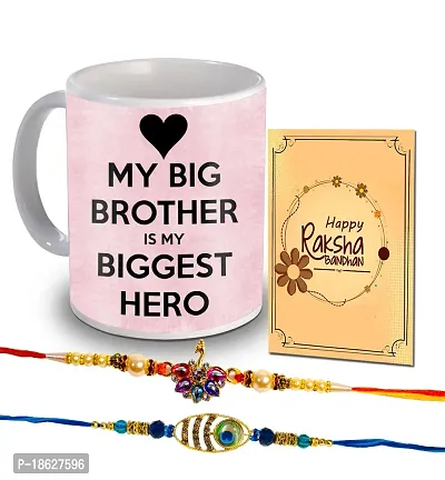 Avirons Unique Rakhi Gift Hamper for Brother/Bhaiya/Bhai | Designer Rakhi with 325Ml Printed Ceramic Coffee Mug, Wishing Card Gift Hamper (Pack of 3)