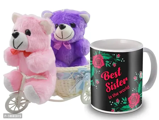 ME & YOU Gifts for Sister, Cycle Teddy with Printed Ceramic Mug Gift on her Birthday/Rakhi/Raksha Bandhan/Anniversary/Bhaidooj