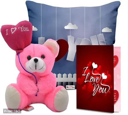 ME & YOU Beautiful Love Quoted Printed Cushion (16*16 Inch) & Teddy with Greeting Card for Valentine Gifts (Multicolor)