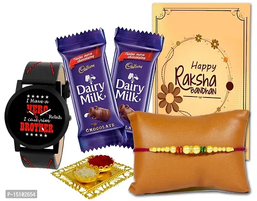 Midiron Rakhi Gifts for Brother | Rakshabandhan Gifts-Mauli Thread Rakhi Combo for Brother | Combo of Designer Rakhi with Roli Chawal Pack, Watch, Greeting Card and Dairymilk Chocolate (Rakhi_no_106)