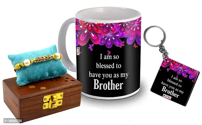 ME & YOU Raksha Bandhan Gift for Brother, Printed Ceramic Mug and MDF Keychain, Rakhi Set ( Multicolor)