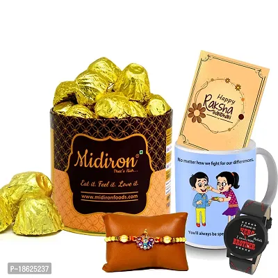 Midiron Gift for Bhai for Rakhi | Designer Rakhi with Chocolate , 325Ml Coffee Mug and Wishing Card for Brother/Bhaiya/Bhai ( Pack of 5)