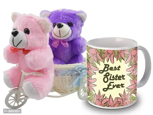 ME & YOU Gifts for Sister, Cycle Teddy with Printed Ceramic Mug Gift on her Birthday/Rakhi/Raksha Bandhan/Anniversary/Bhaidooj