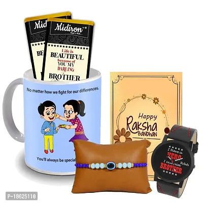 Midiron Gift for Bhai for Rakhi | Designer Rakhi with Chocolate , 325Ml Coffee Mug and Wishing Card for Brother/Bhaiya/Bhai ( Pack of 5)