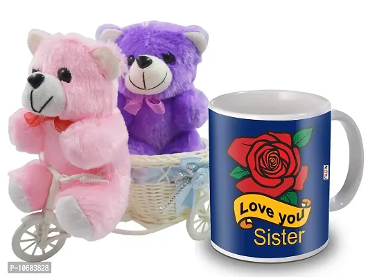 ME & YOU Gifts for Sister, Cycle Teddy with Printed Ceramic Mug Gift on her Birthday/Rakhi/Raksha Bandhan/Anniversary/Bhaidooj