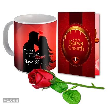 ME  YOU Happy Karwa Chauth Printed Mug with Greeting Card  Artificial Rose | Gifts Combo Pack | Karwachauth Gift for Wife, Girlfriend, Love One |Gift for Karwachauth| Gift Hamper for Wife