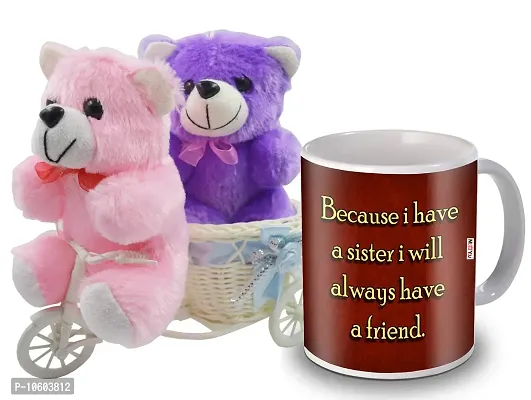 ME & YOU Gifts for Sister, Cycle Teddy with Printed Ceramic Mug Gift on her Birthday/Rakhi/Raksha Bandhan/Anniversary/Bhaidooj