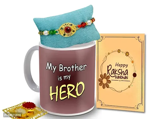 ME & YOU Rakhi Gift for Brother, Designer Rakhi with Coffee Mug, Roli Tikka and Rakhi Greeting Card Combo set for brother ( Pack 4)-IZ2223-13