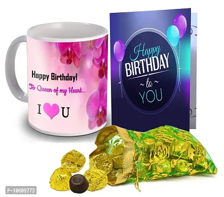Midiron Gift for Birthday Coffee Mug with 15 Piece Chocolate in Decorative Pouch and Greeting Card( Multicolor)
