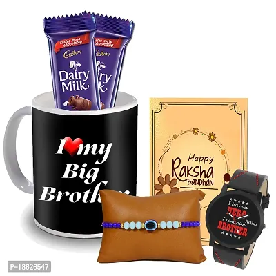 Midiron Rakhi chocolate Gift hamper for Brother/Bhaiya/Bhai | Designer Rakhi with Chocolate, Coffee Mug, Wishing Card and Watch ( Pack 5)