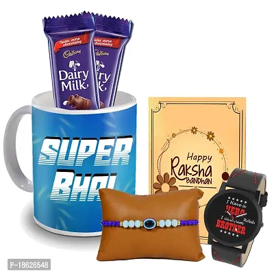 Midiron Designer Rakhi with Chocolate and Coffee Mug Gift for brother | Handmade Chocolate for Raksha Bandhan for Brother | Rakhi Gift for Bhai with Coffee Mug, chocolates, Watch, Card- Pack 5