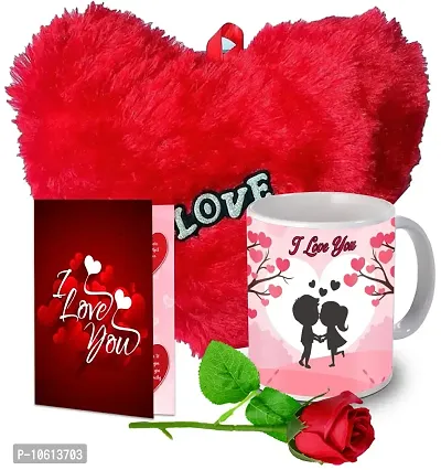 ME & YOU Romantic Gift| Soft Red Heart with Printed Ceramic Coffee Mug, Love Card and Artificial Red Rose for Valentine's Day Anniversary ,for Boyfriend, Girlfriend, Husband, Wife and Special Person.