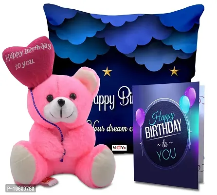 ME & YOU Printed Cushion with Happy Birthday Teddy and Greeting Card Gift for Father Mother Brother Sister Friends On Birthday, Birthday Gifts