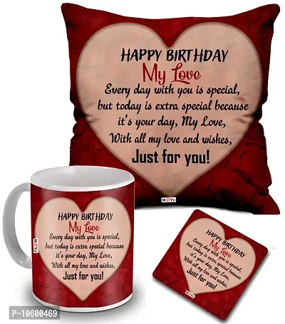 Birthday Gift for Girls, Wife, Husband and Special One| Happy Birthday to You Printed Cushion with Ceramic Mug and MDF Coaster for | Multicolor-thumb0