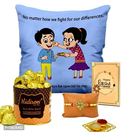 Midiron Gift for Bhai for Rakhi | Designer Rakhi with Chocolate , Cushion ( 12*12 Inch) and Wishing Card for Brother/Bhaiya/Bhai ( Pack 4)