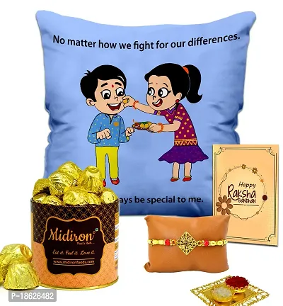 Midiron Gift for Bhai for Rakhi | Designer Rakhi with Chocolate , Cushion ( 12*12 Inch) and Wishing Card for Brother/Bhaiya/Bhai ( Pack 4)-thumb0